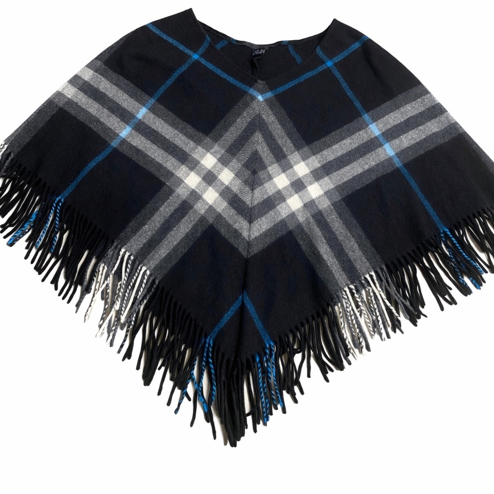 Blueberry Black Plaid Fringe Poncho with Blue Accents